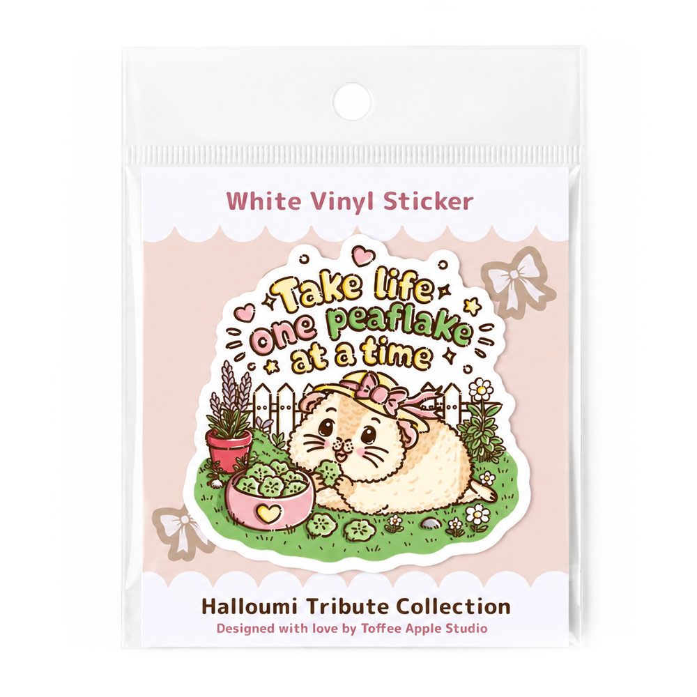 Take Life One Peaflake at a Time guinea pig sticker in clear packaging