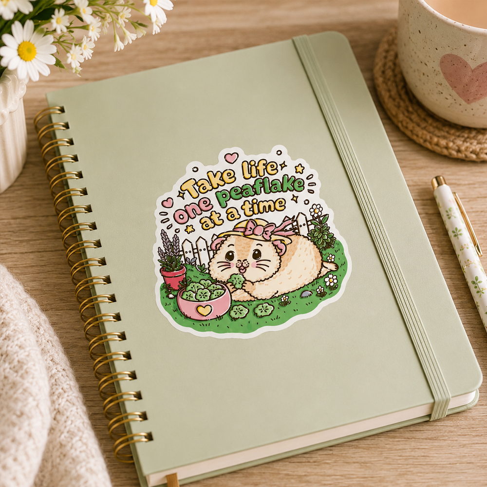 Take Life One Peaflake at a Time guinea pig sticker on a notebook