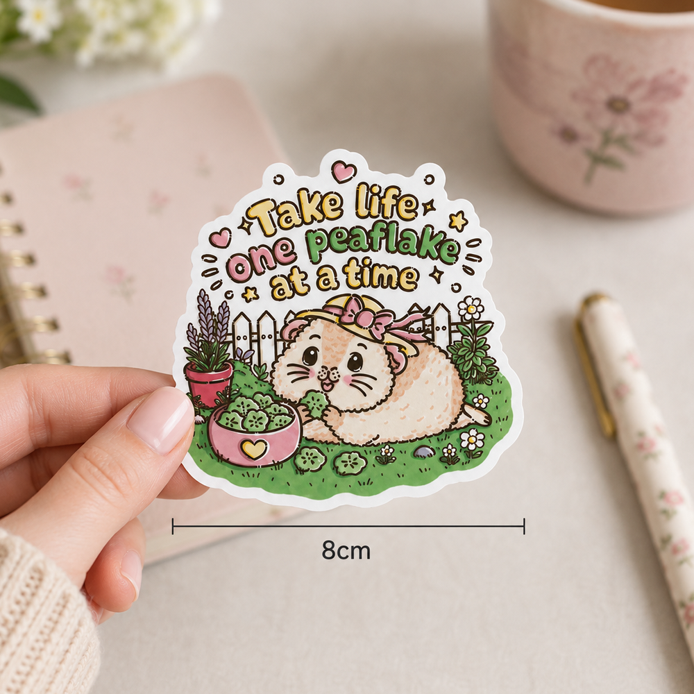 Take Life One Peaflake at a Time guinea pig sticker held above a laptop