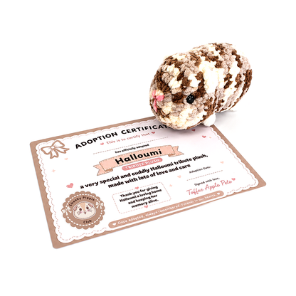 Hand crocheted Halloumi plush with adoption certificate