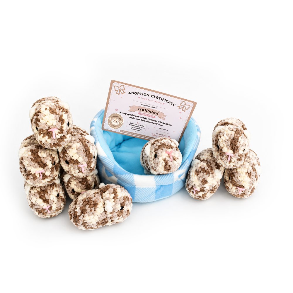 Hand crocheted Halloumi guinea pig plush with adoption certificate