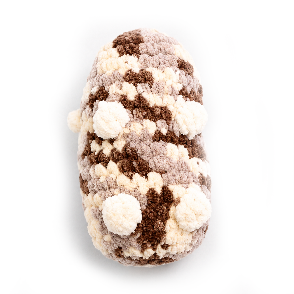 Hand crocheted Halloumi guinea pig plush back view
