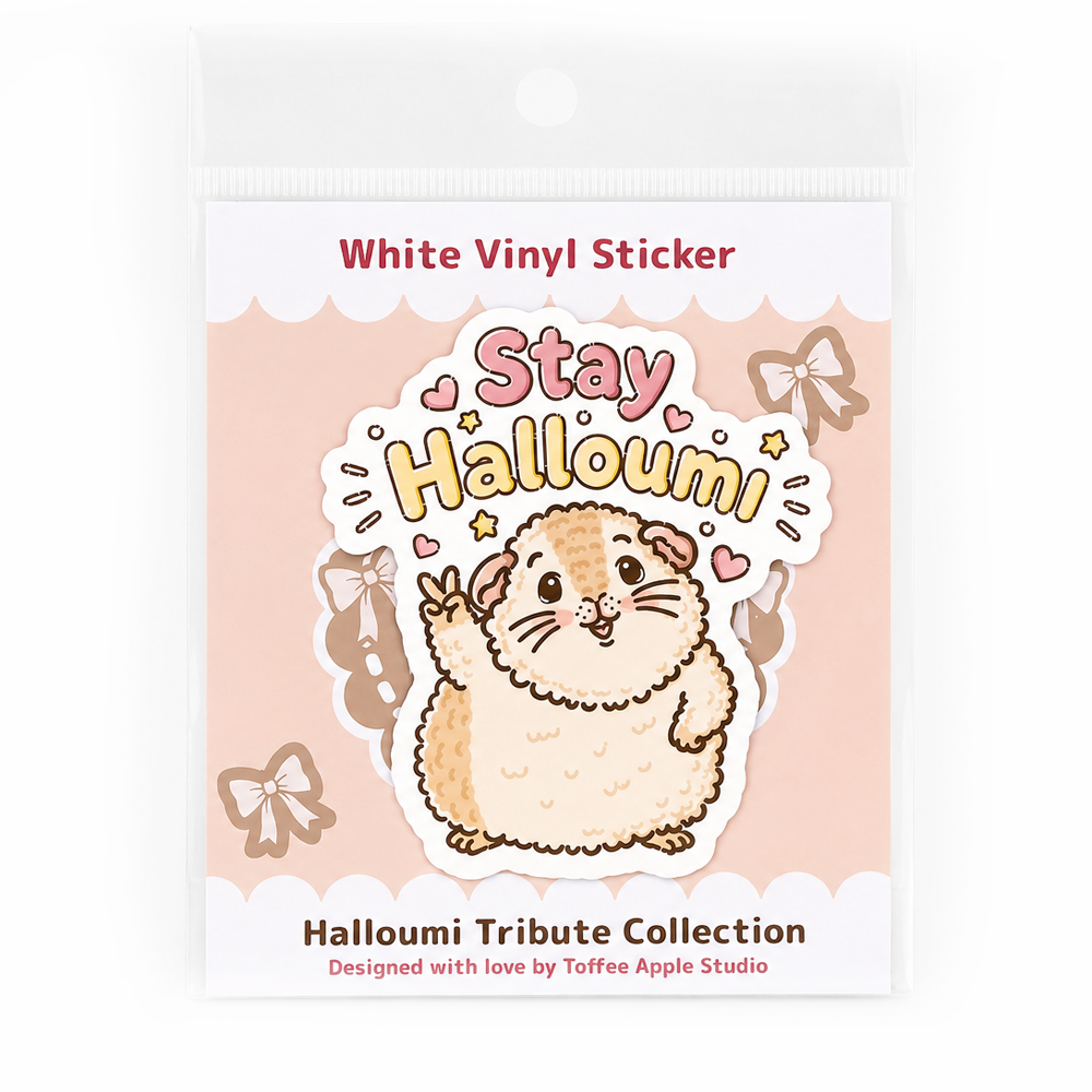 Stay Halloumi guinea pig sticker in clear packaging