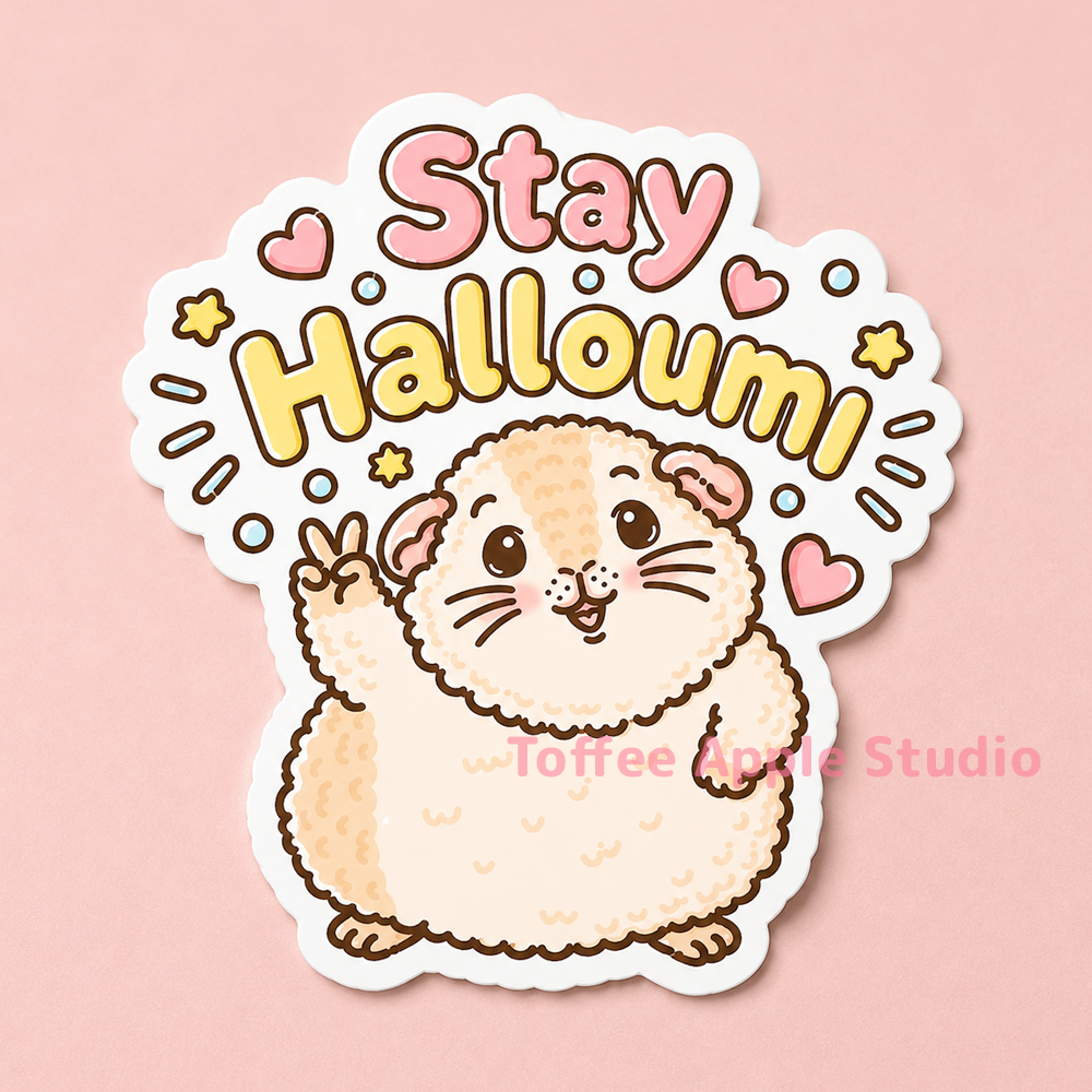 Stay Halloumi guinea pig sticker on white vinyl