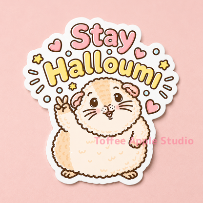 Stay Halloumi guinea pig sticker on white vinyl