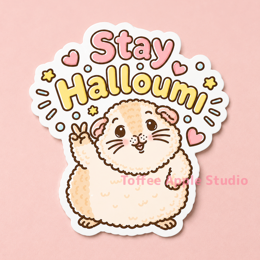 Stay Halloumi guinea pig sticker on white vinyl