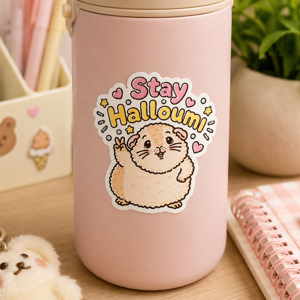 Stay Halloumi guinea pig sticker on a pink tumbler
