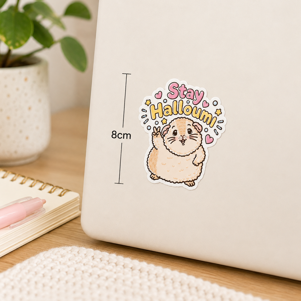 Stay Halloumi guinea pig sticker on a laptop