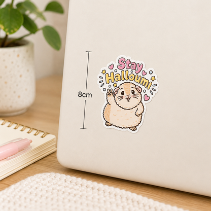 Stay Halloumi guinea pig sticker on a laptop