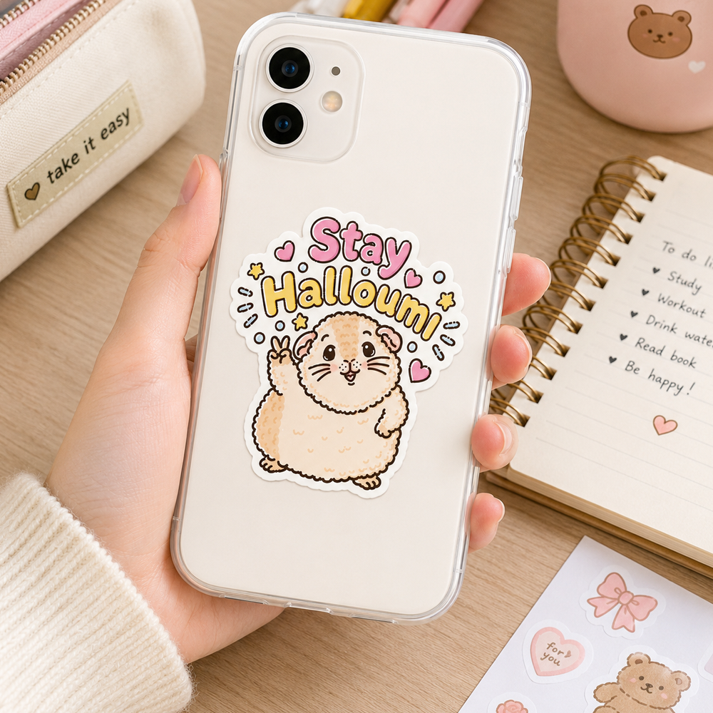 Stay Halloumi guinea pig sticker on a phone case