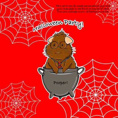 Guinea Pig Wizard Halloween Greetings Card, red background of the custom halloween greeting card