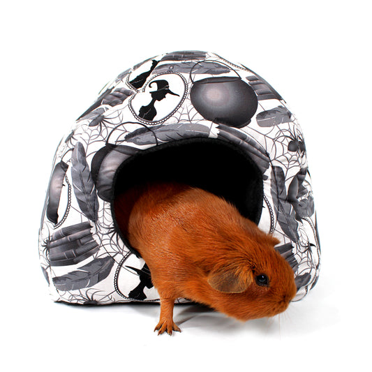 Small animal house with a guinea pig peeking out on a white background
