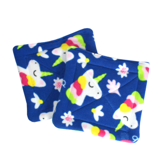 Pair Of Absorbent Unicorn Square Fleece Pee Pads For Guinea Pigs, Top view to see the pair together