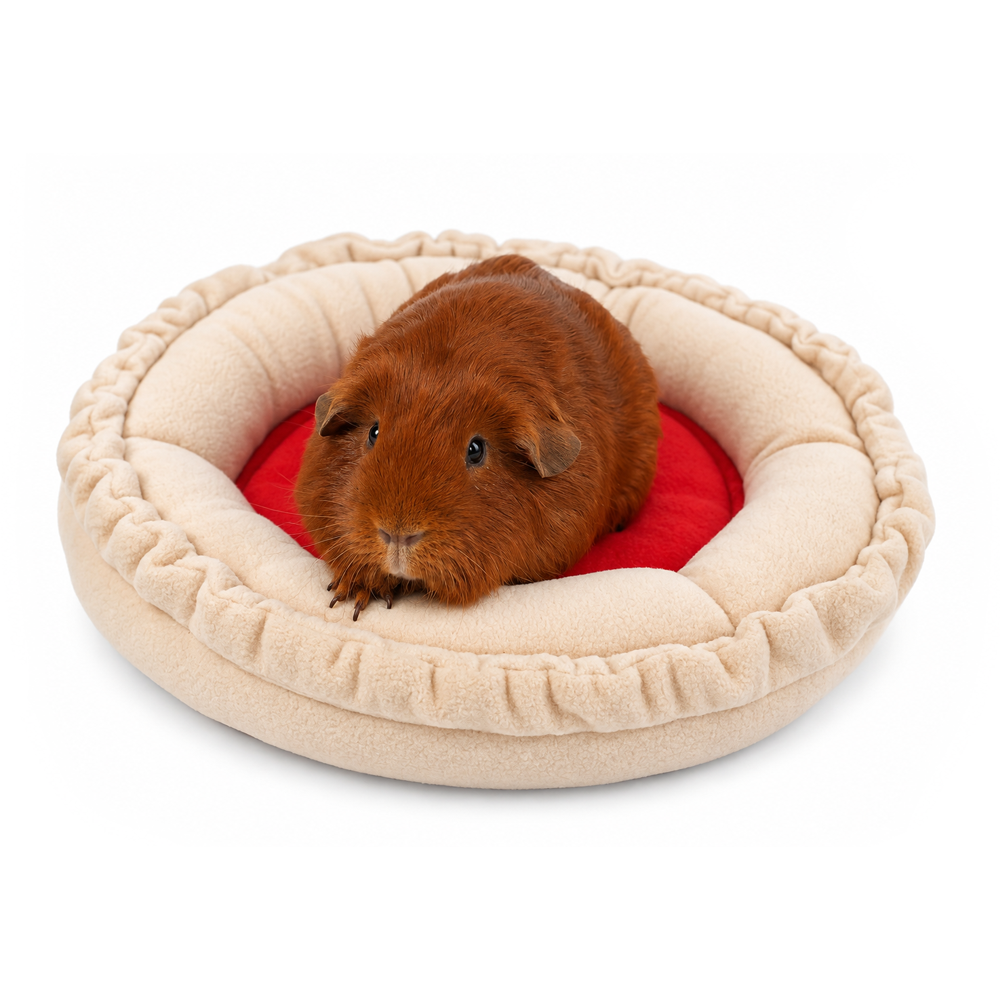 Jam Tart guinea pig doughnut bed with biscuit-coloured fleece and red jam centre