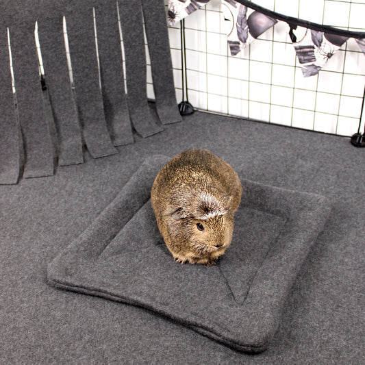 Guinea pig on a larger grey pee pad in a pet enclosure with a white grid floor.