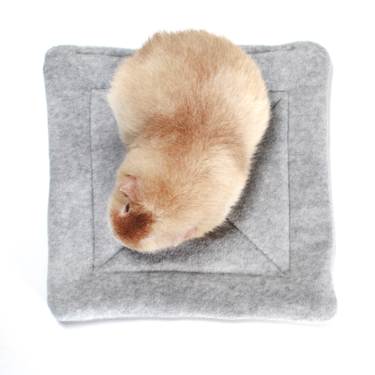 Large Square Grey Pee Pad for Guinea Pigs, top view of the wee wee pad with a cosy guinea pig on top for sizing