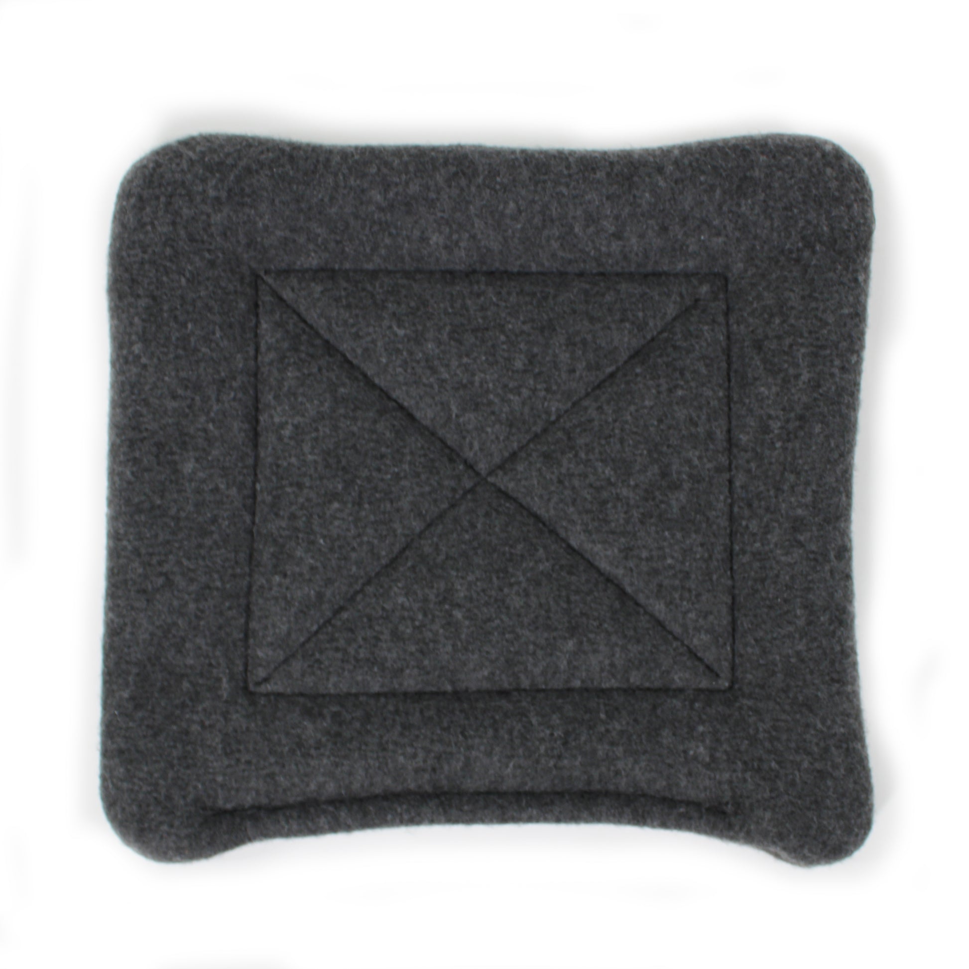 Gray square fleece pee mat with a central diamond pattern on a white background