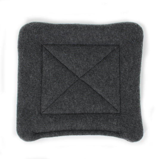 Gray square fleece pee mat with a central diamond pattern on a white background