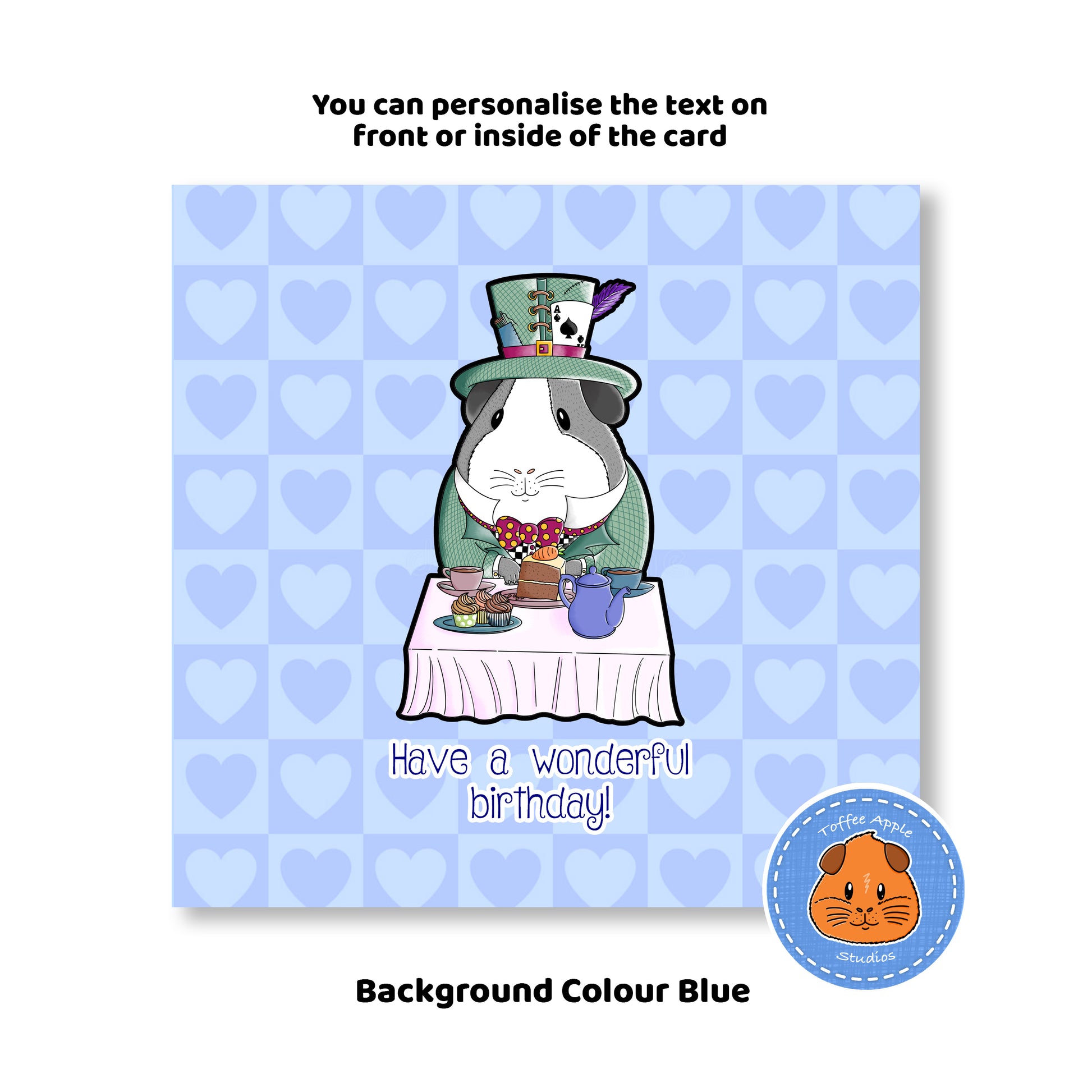 Mad Hatter Guinea Pig Birthday Card, blue background of the custom greetings card