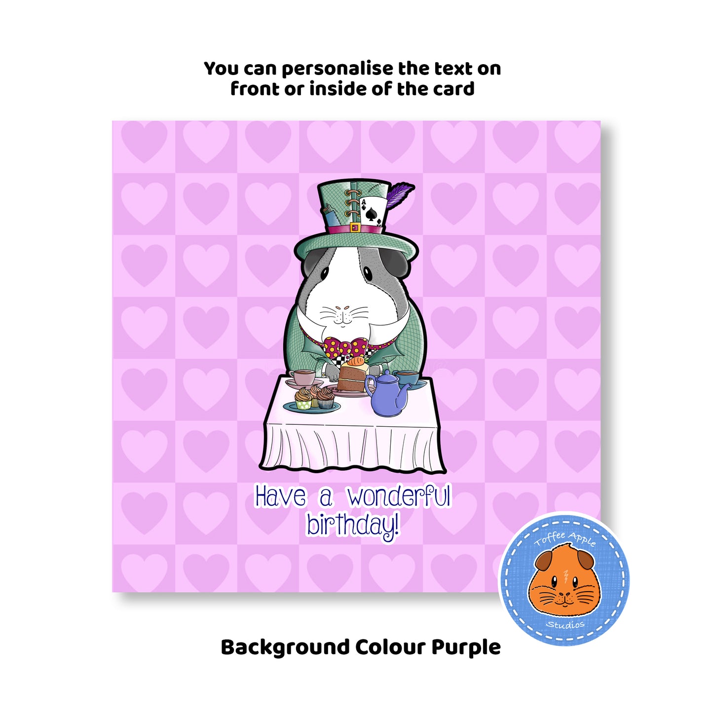 Mad Hatter Guinea Pig Birthday Card, pink background