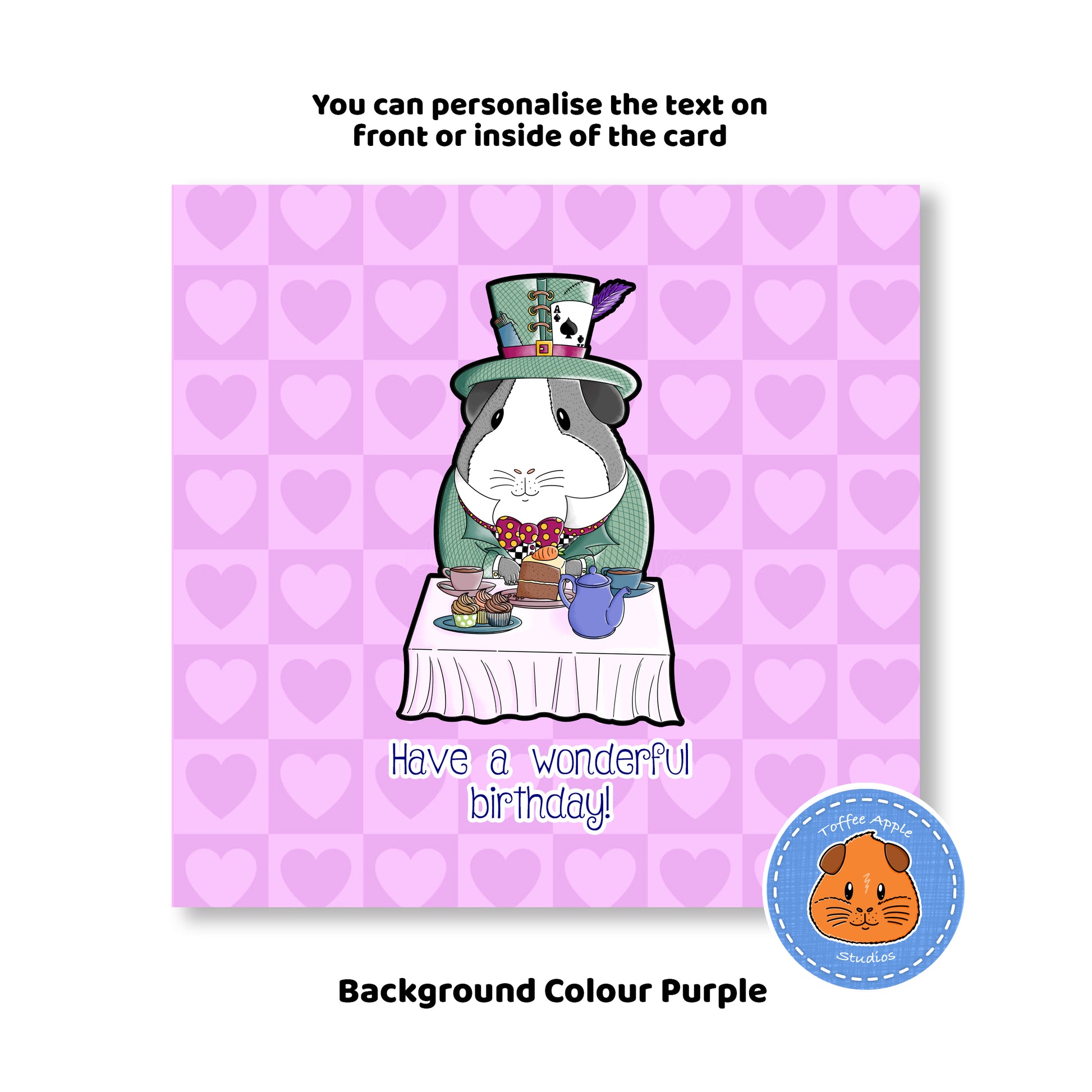 Mad Hatter Guinea Pig Birthday Card, pink background