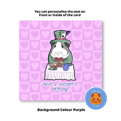 Mad Hatter Guinea Pig Birthday Card, pink background