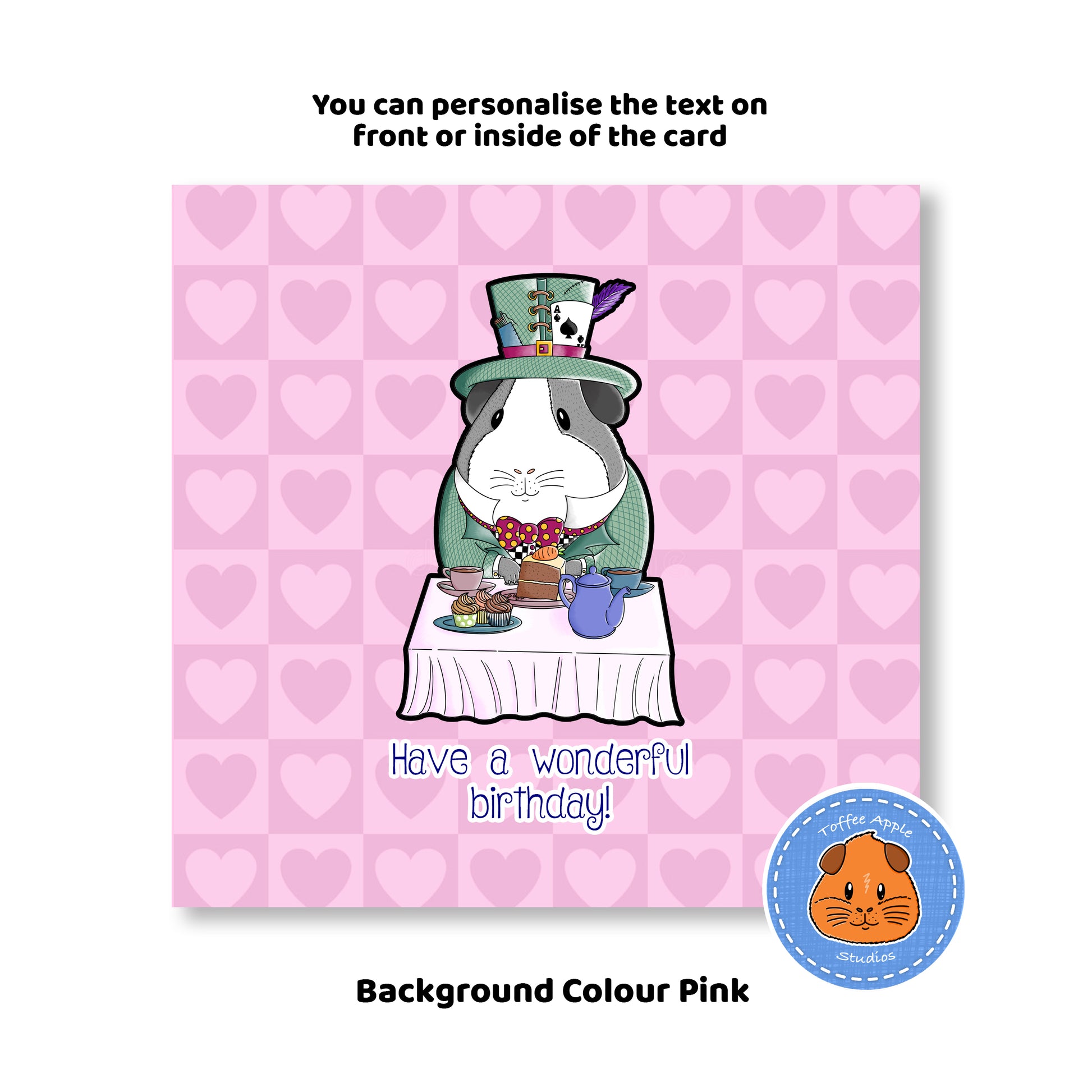 Mad Hatter Guinea Pig Birthday Card, purple background of the whimsical birthday wishes card