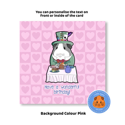 Mad Hatter Guinea Pig Birthday Card, purple background of the whimsical birthday wishes card