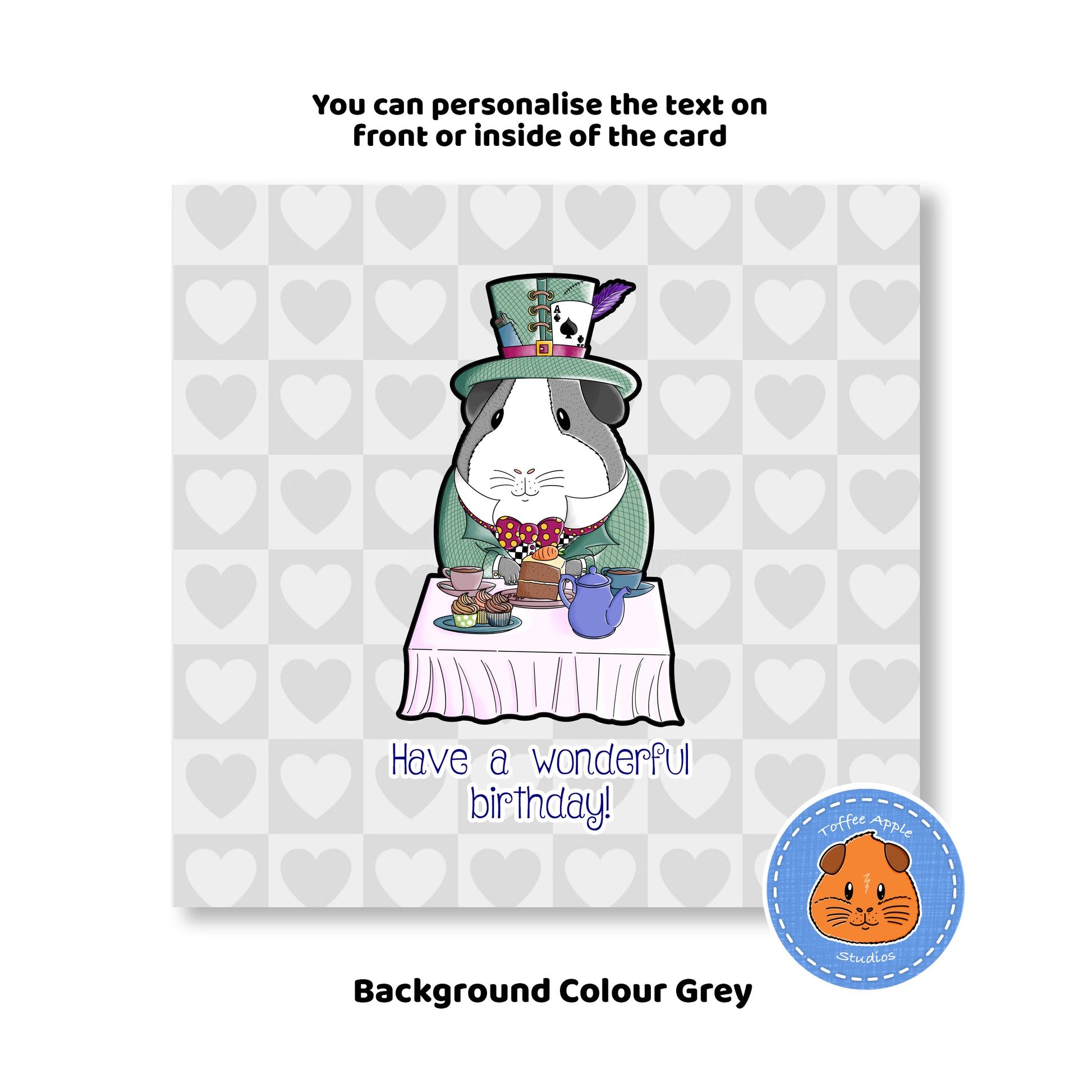 Mad Hatter Guinea Pig Birthday Card, grey background mad hatters tea party card