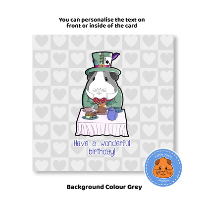 Mad Hatter Guinea Pig Birthday Card, grey background mad hatters tea party card