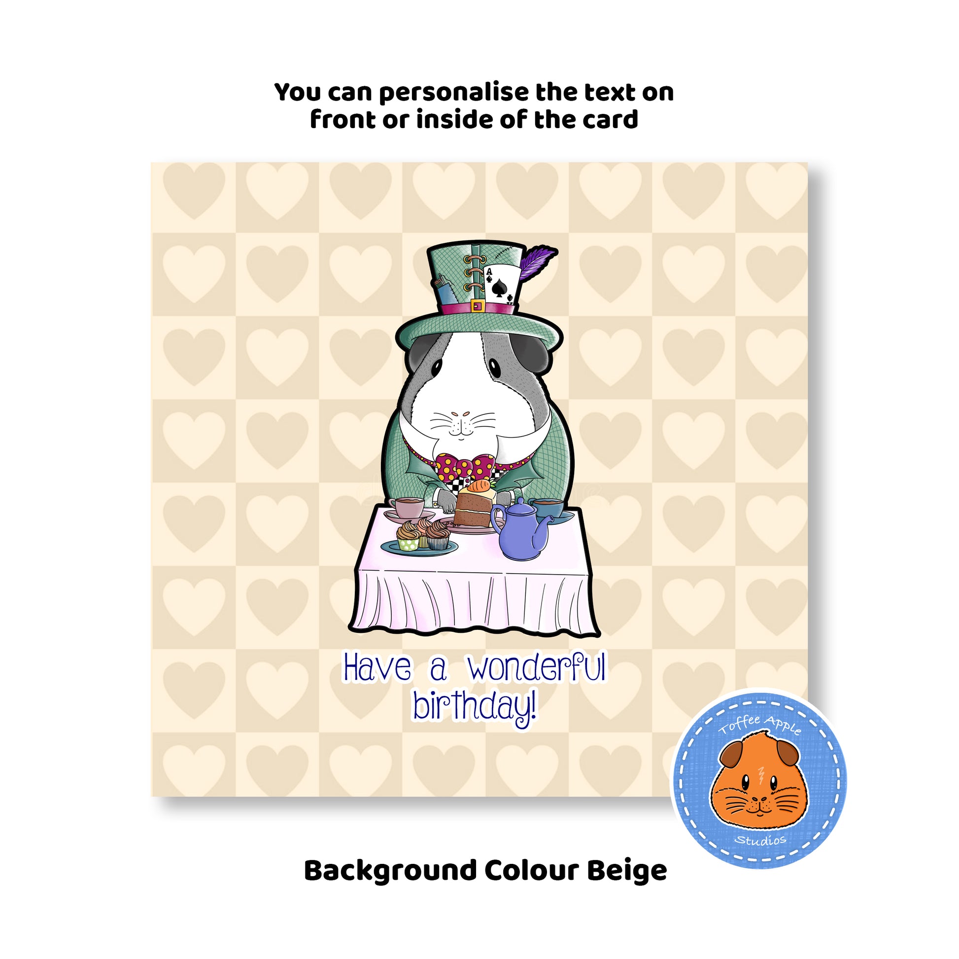 Mad Hatter Guinea Pig Birthday Card, beige mad hatters tea party