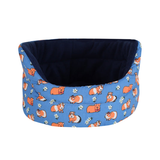 Navy Blue Guinea Pig Pattern Bed for Guinea Pigs, front view empty