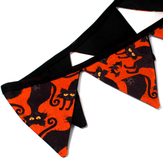 Large Black Cat Orange Bunting, close up of the flags showing more details