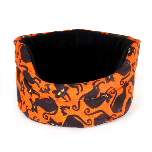 Halloween Black Cat Cuddle Cup Bed, front view of the guinea pig bed showing all the details