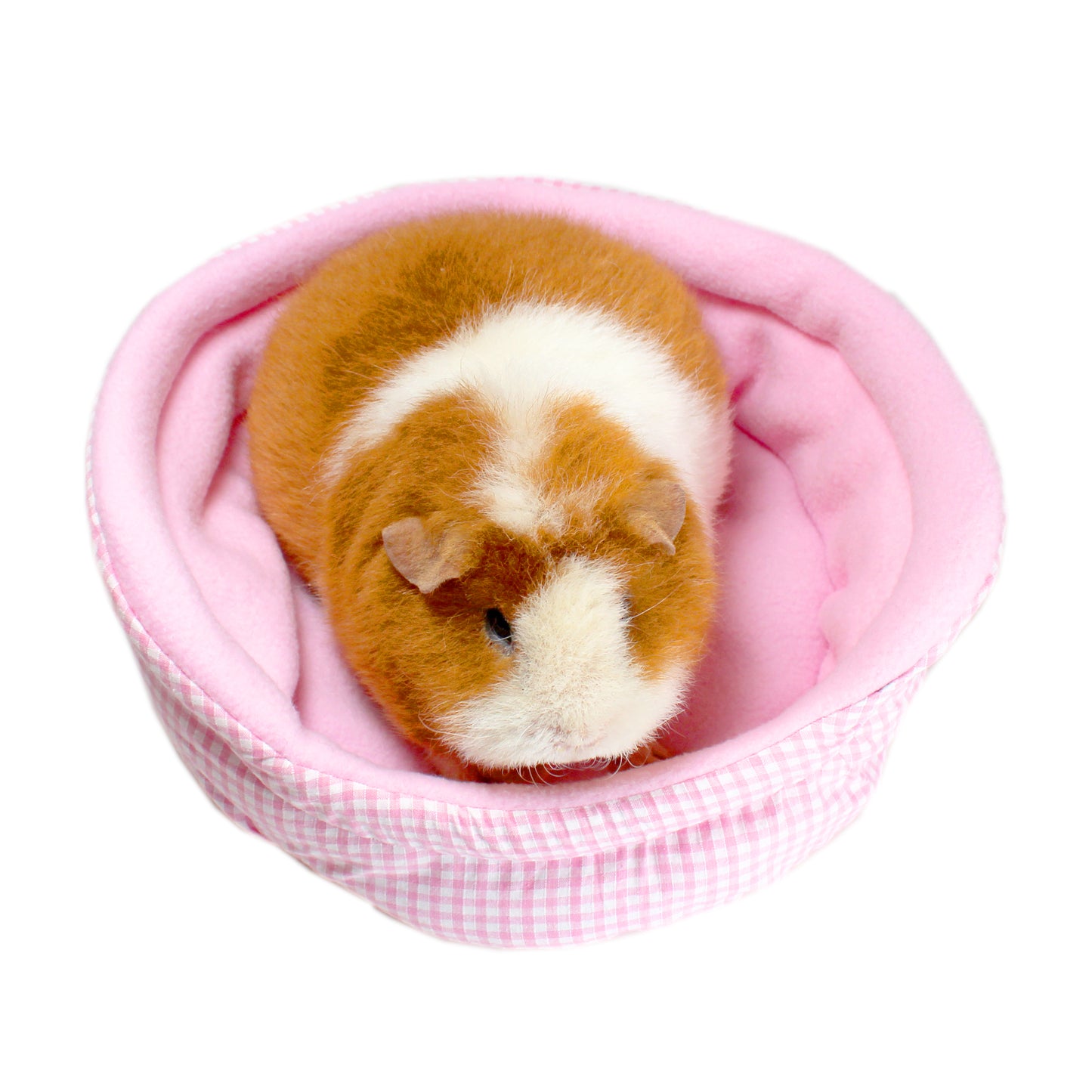Pink Gingham Guinea Pig Bed, front view from above with guinea pig