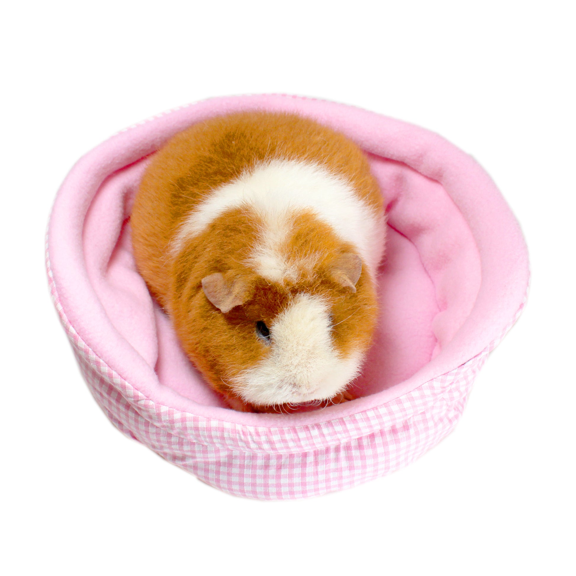 Pink Gingham Guinea Pig Bed, front view from above with guinea pig