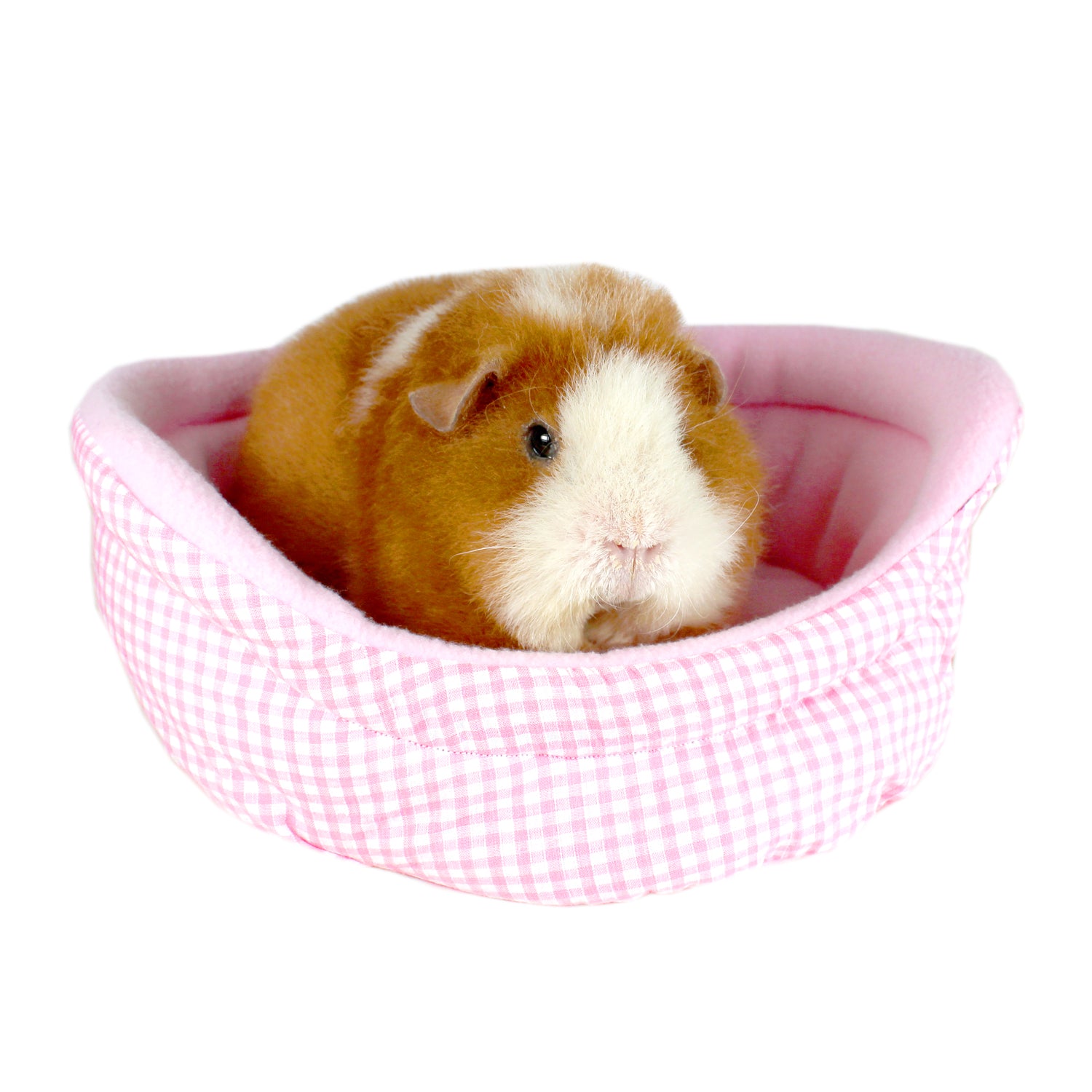 Pink Gingham Guinea Pig Bed, front view with guinea pig