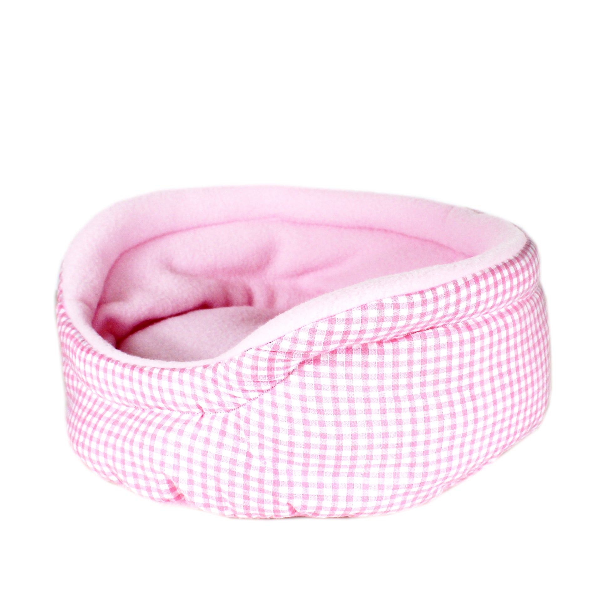 Pink Gingham Guinea Pig Bed, side view empty