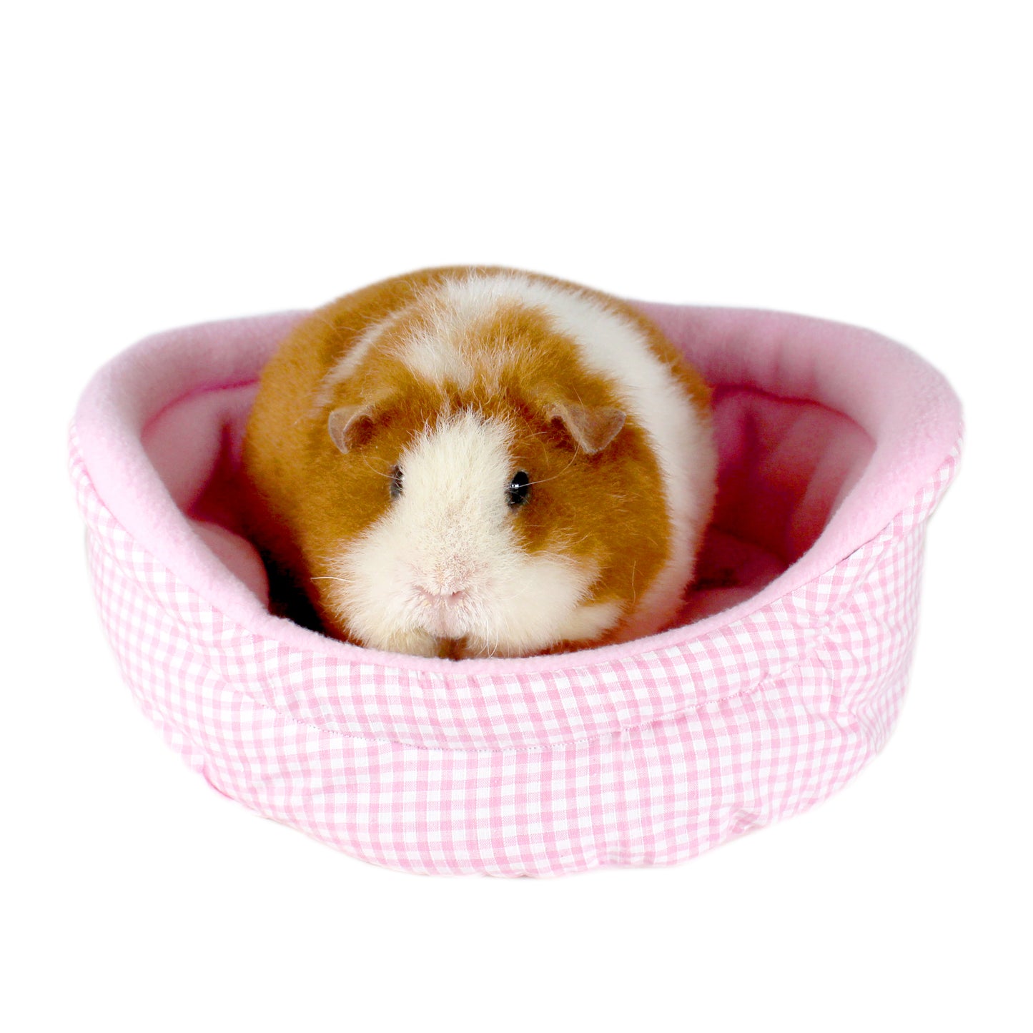 Pink Gingham Guinea Pig Bed, alternate front view with guinea pig