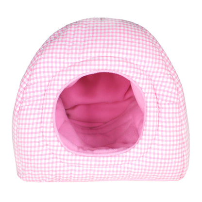Pink Gingham Guinea Pig Hidey House, front view of the empty hidey hut