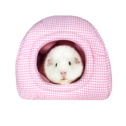 Pink Gingham Guinea Pig Hidey House, front view with guinea pig