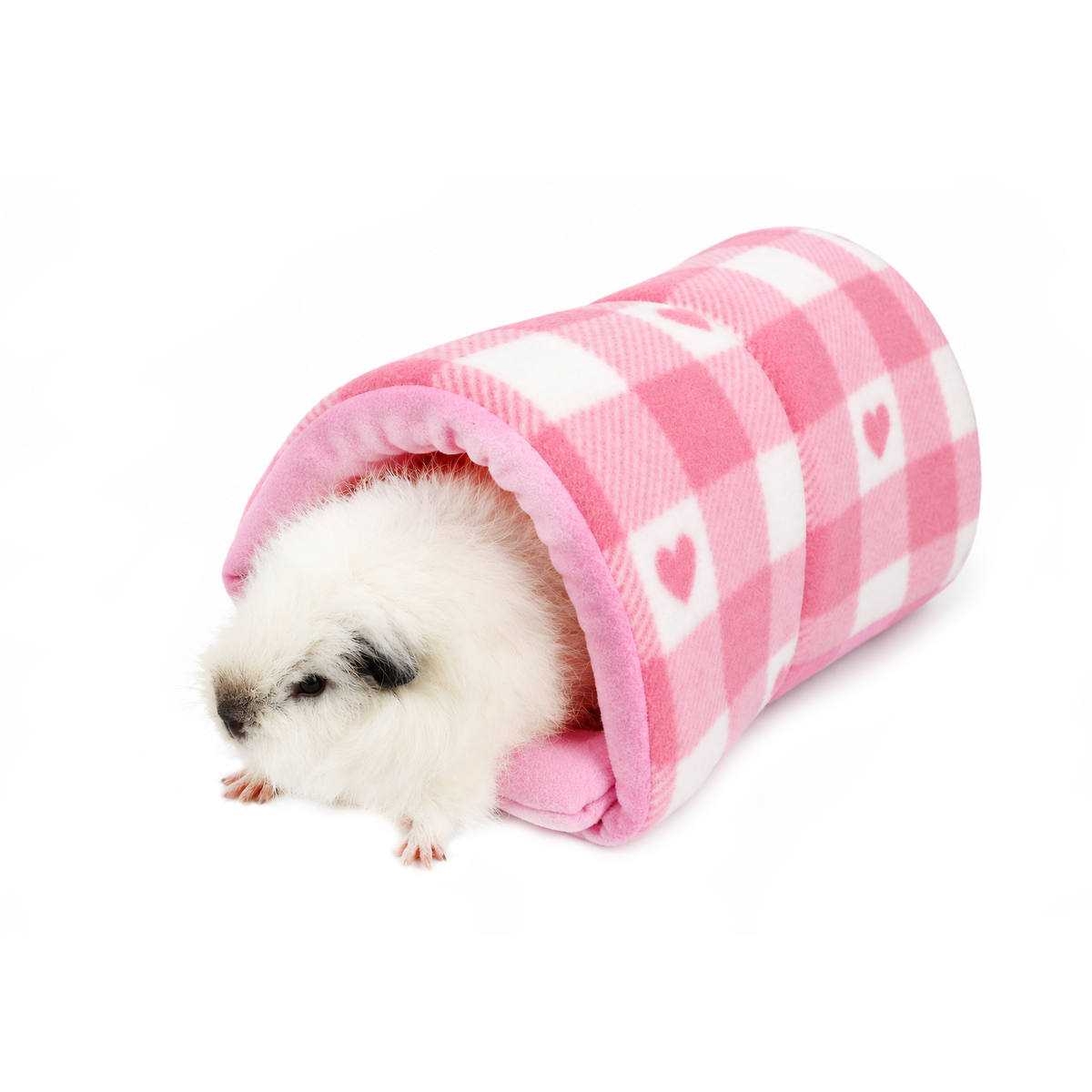 Pink Hearts Gingham snuggle tunnel for guinea pigs with guinea pig inside