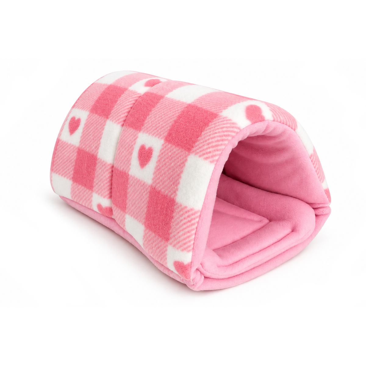 Pink Hearts Gingham squish tunnel for guinea pigs showing heart pattern