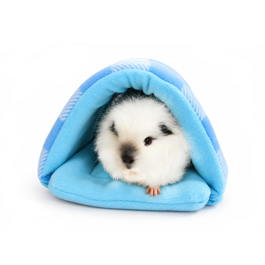 Blue Hearts Gingham fleece tunnel for guinea pigs with soft blue fleece lining