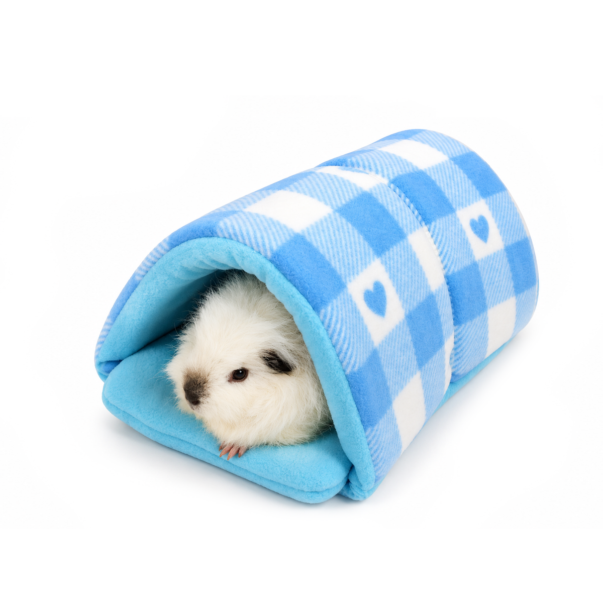 Blue Hearts Gingham snuggle tunnel for guinea pigs with guinea pig inside