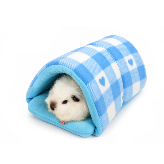 Blue Hearts Gingham snuggle tunnel for guinea pigs with guinea pig inside