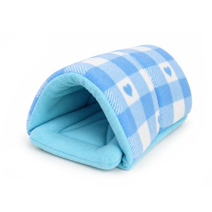 Blue Hearts Gingham guinea pig snuggle tunnel showing blue heart pattern