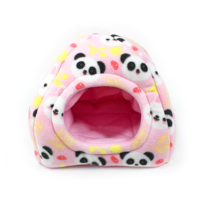 Pink pet house with panda pattern on a white background