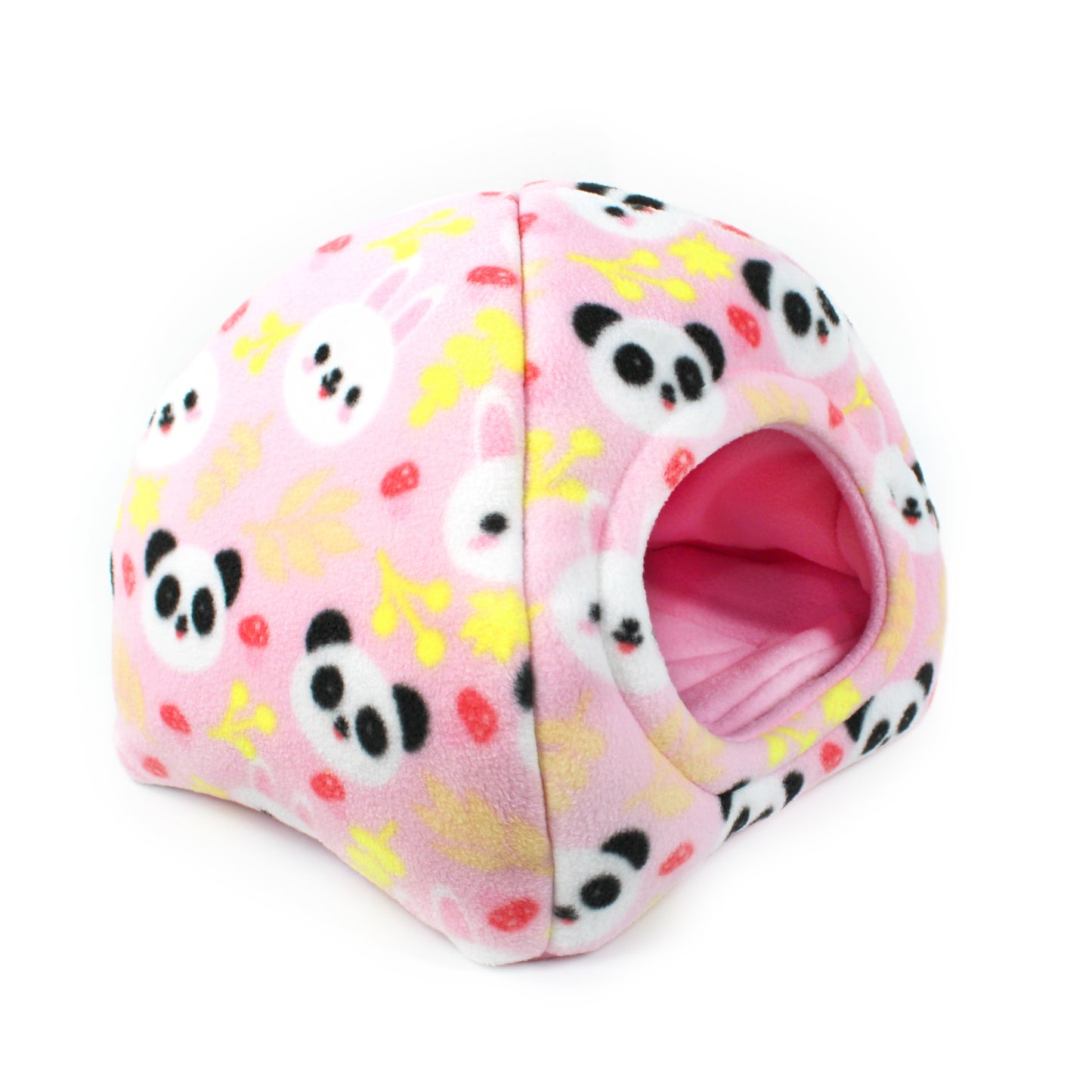 Pink pet house with panda pattern on a white background
