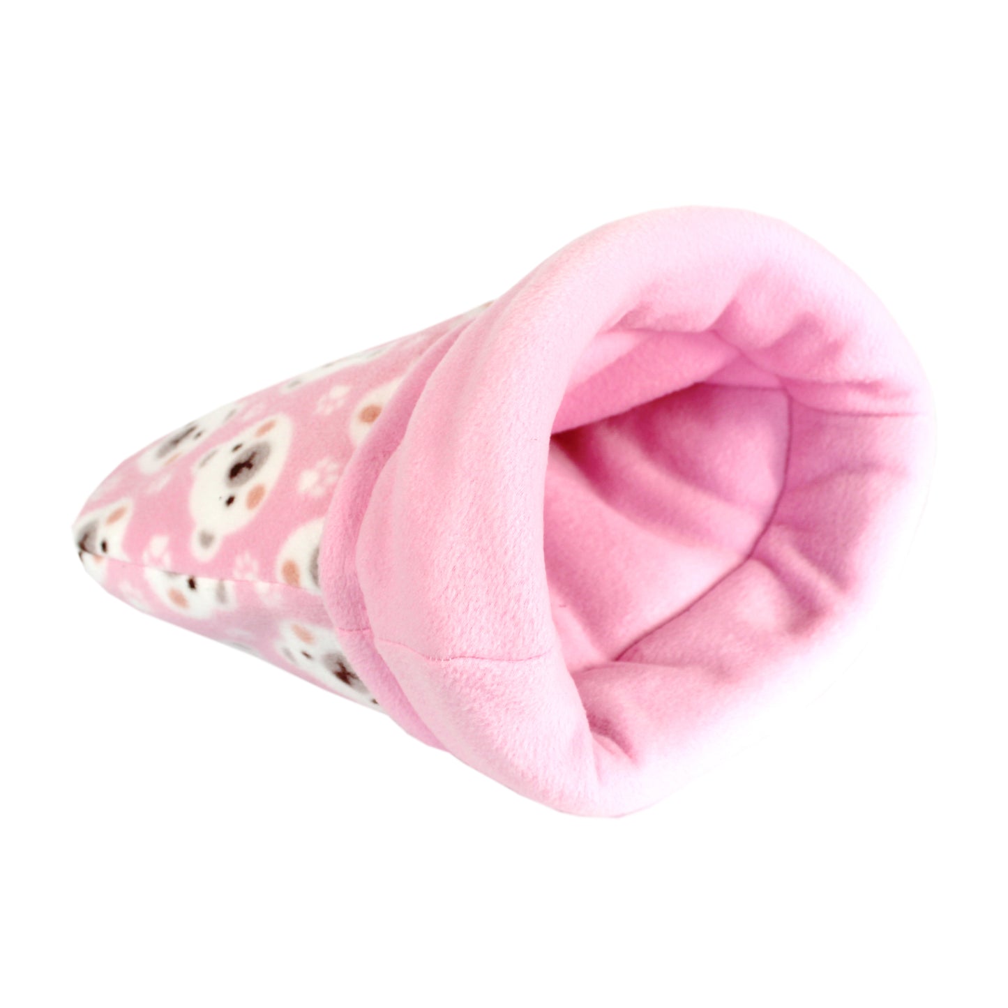 Pink pet bed with a white and gold pattern on a white background